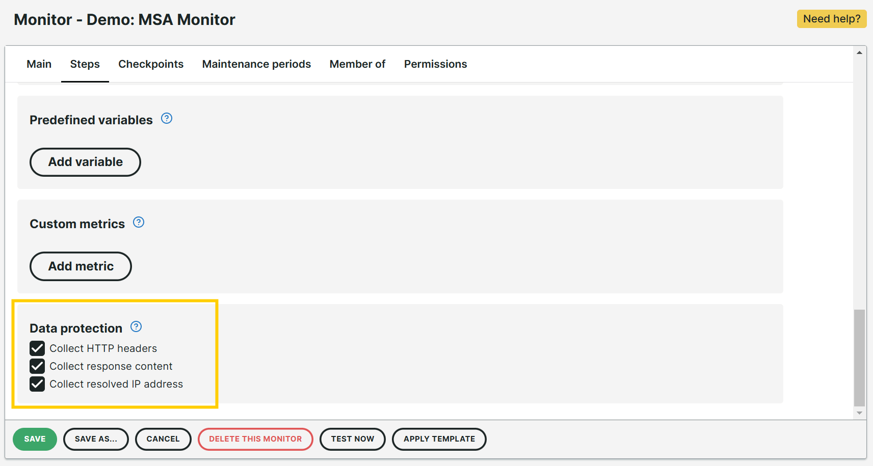 Selectievakje MSA Gegevensbescherming